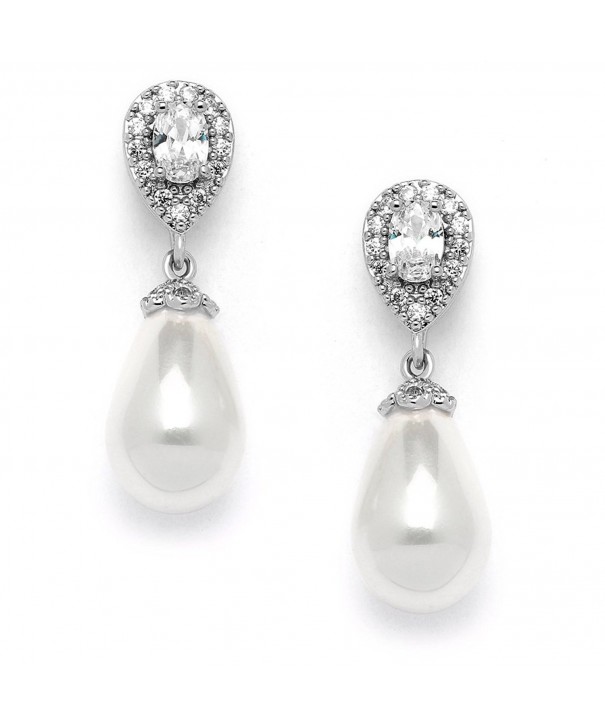 Glass Pearl Drop Clip On Earrings with Pear-Shaped CZ Halos for Wedding ...