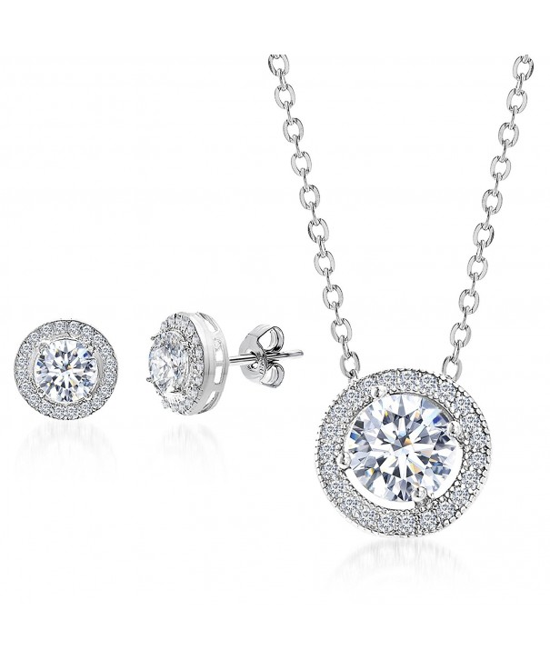 Round Cubic Zirconia Halo Earring and Pendant Set in Rhodium over ...