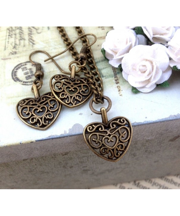 Vintage Necklace Earrings Bronze Filigree