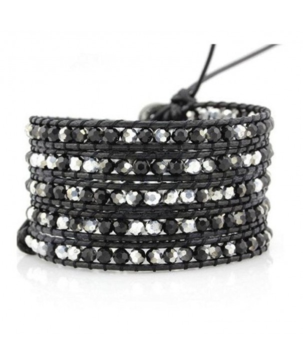 Black and Silver Crystals Wrap Bracelet Genuine Black Leather Handmade ...