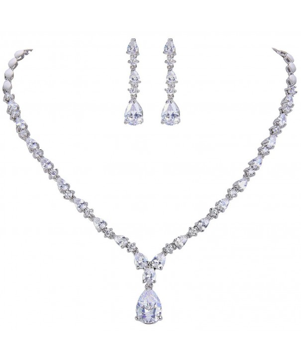 Silver-Tone Cubic Zirconia Charming Water Drop Bridal Pendant Necklace ...