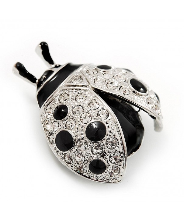 Black Enamel Ladybug Brooch Silver