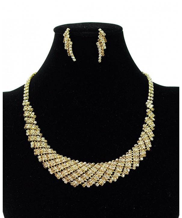 Gold Tone Rhinestone Evening Necklace Earrings