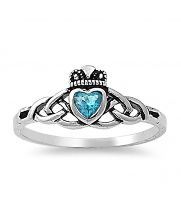 Simulated Aquamarine Claddagh Sterling Silver